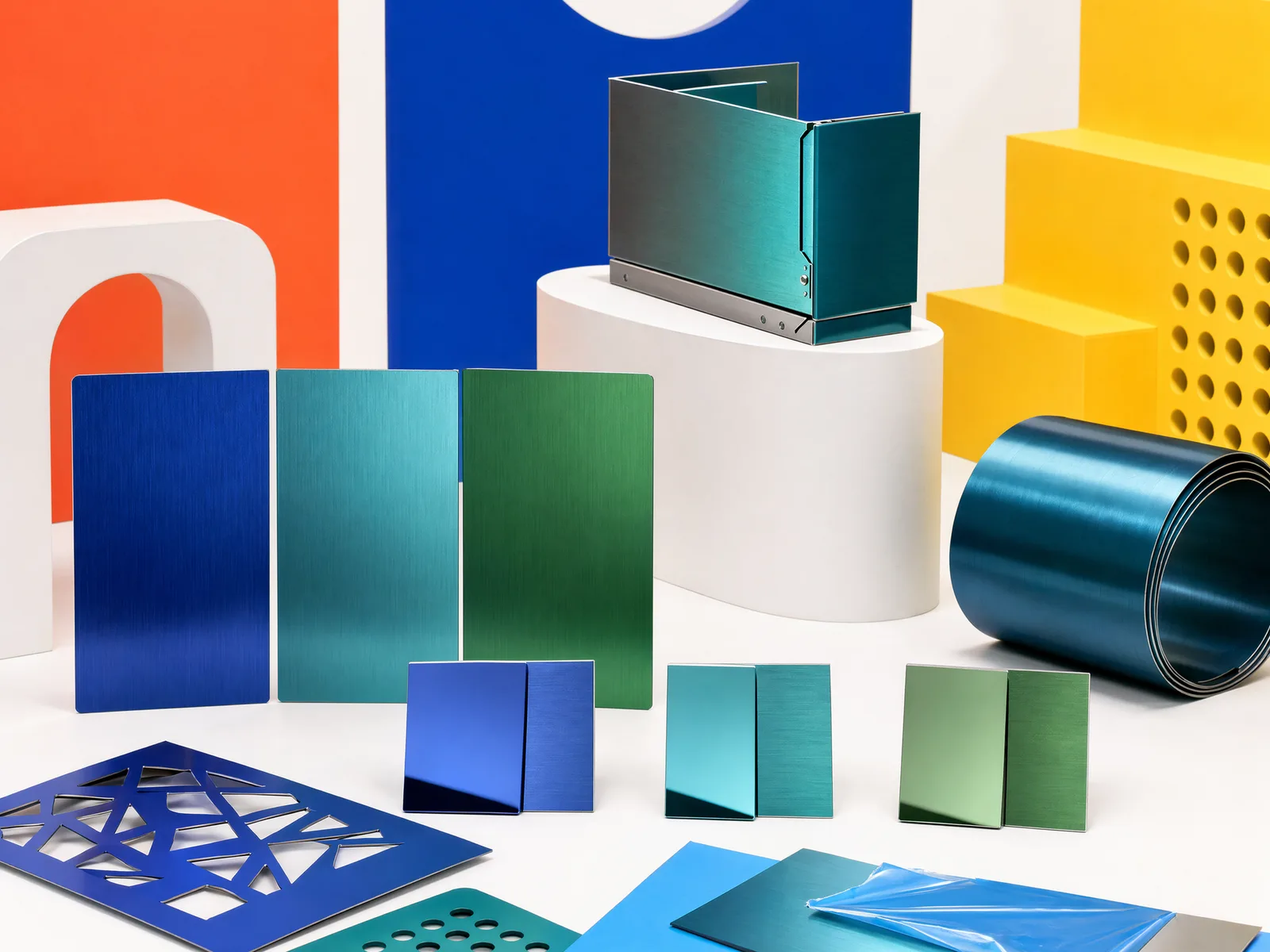 Representative blue, teal and green decorative stainless sample family