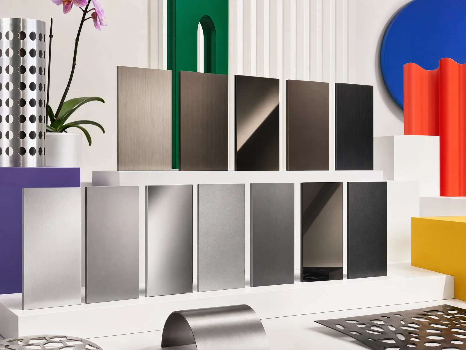 Representative silver, neutral, graphite, smoky bronze and near-black stainless samples