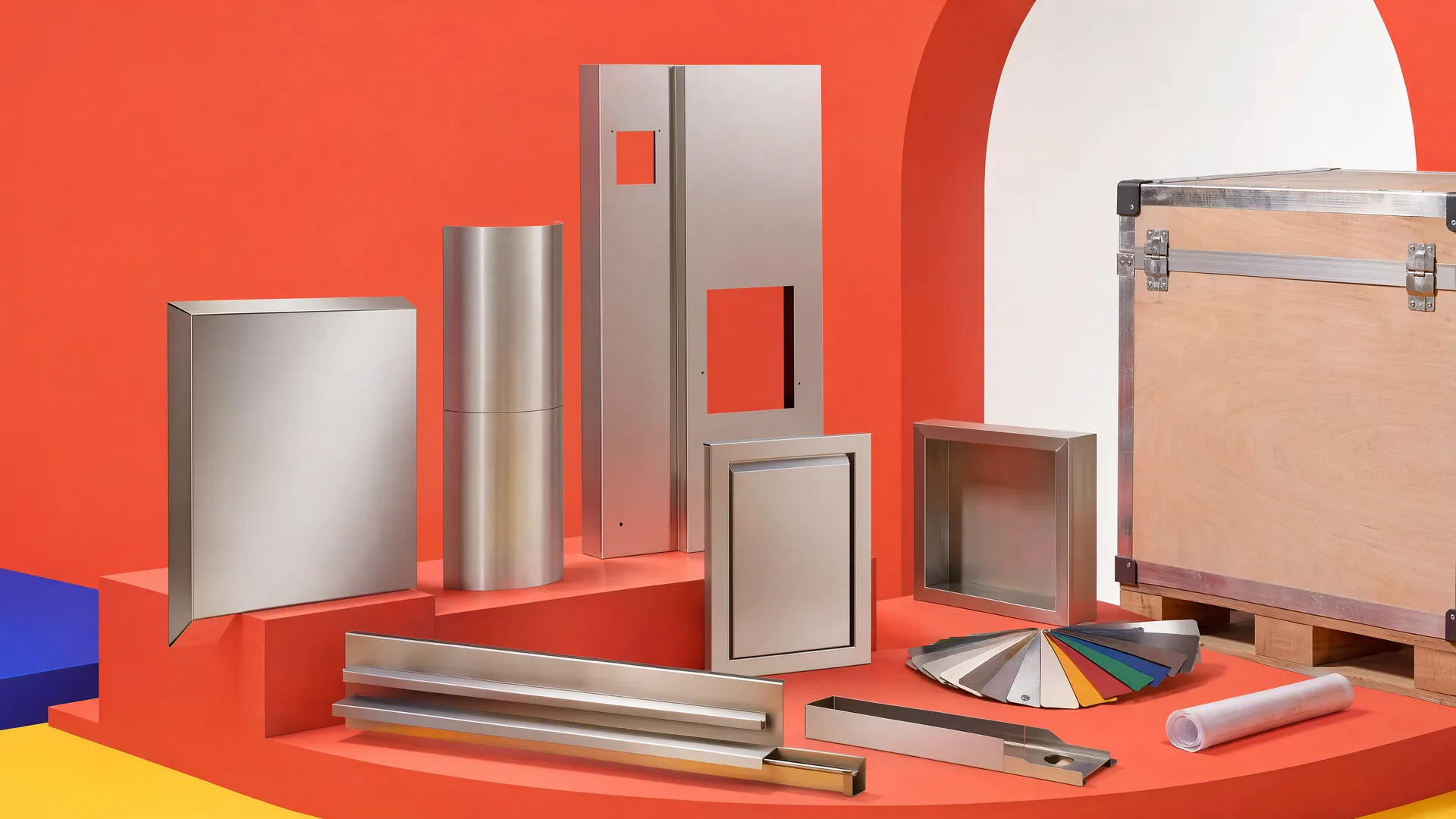 Representative coordinated decorative stainless project package with wall cassette, column wrap, lift panel, trims, niche and protected crate