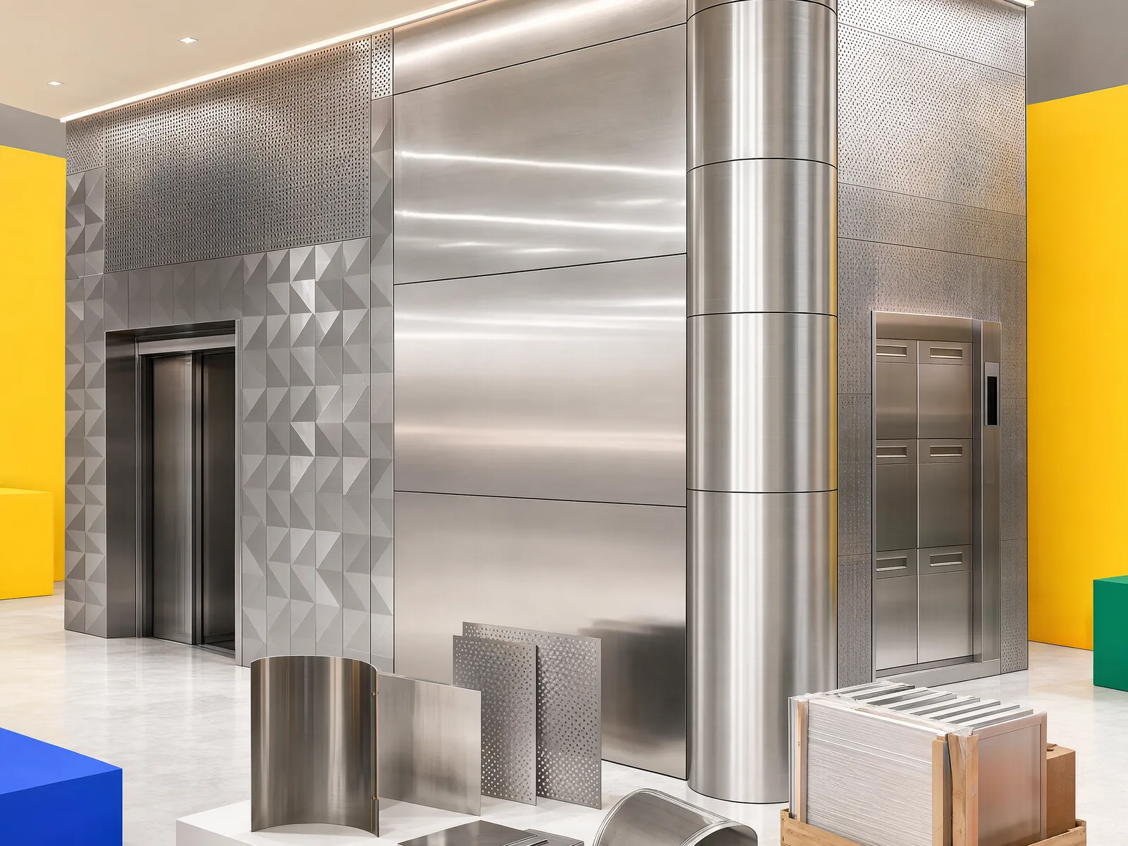 Representative commercial interior package with stainless wall panels, column wraps and lift-related decorative components