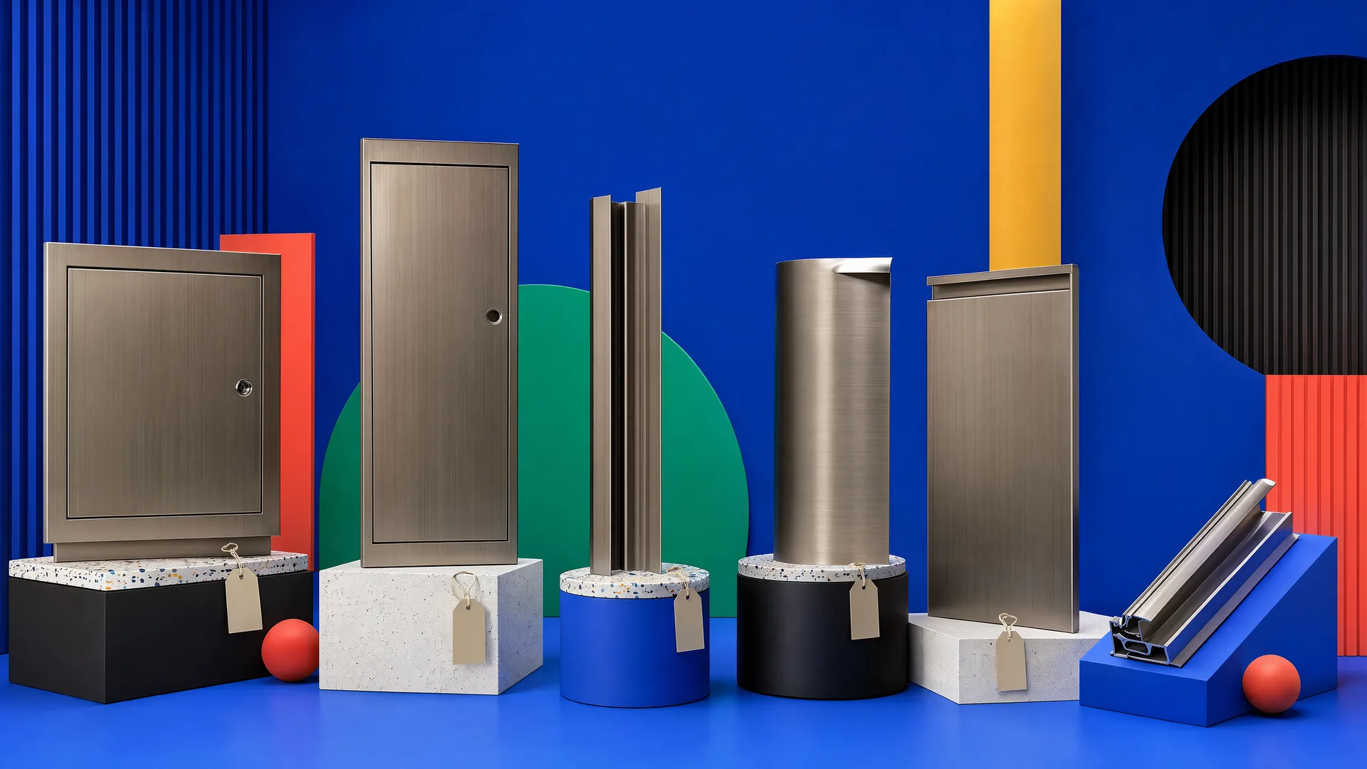 Representative family of differently shaped stainless parts coordinated to one brushed finish
