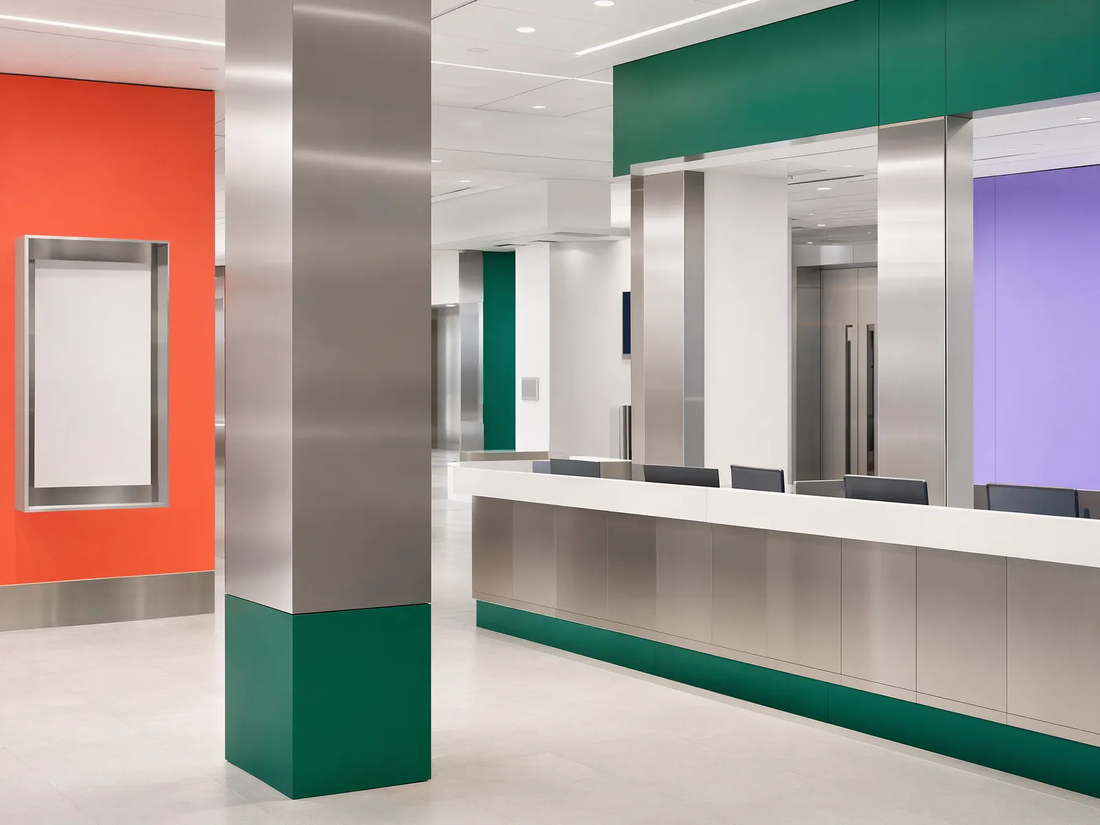 Representative civic public interior with stainless wall panels, service counter cladding and column wraps