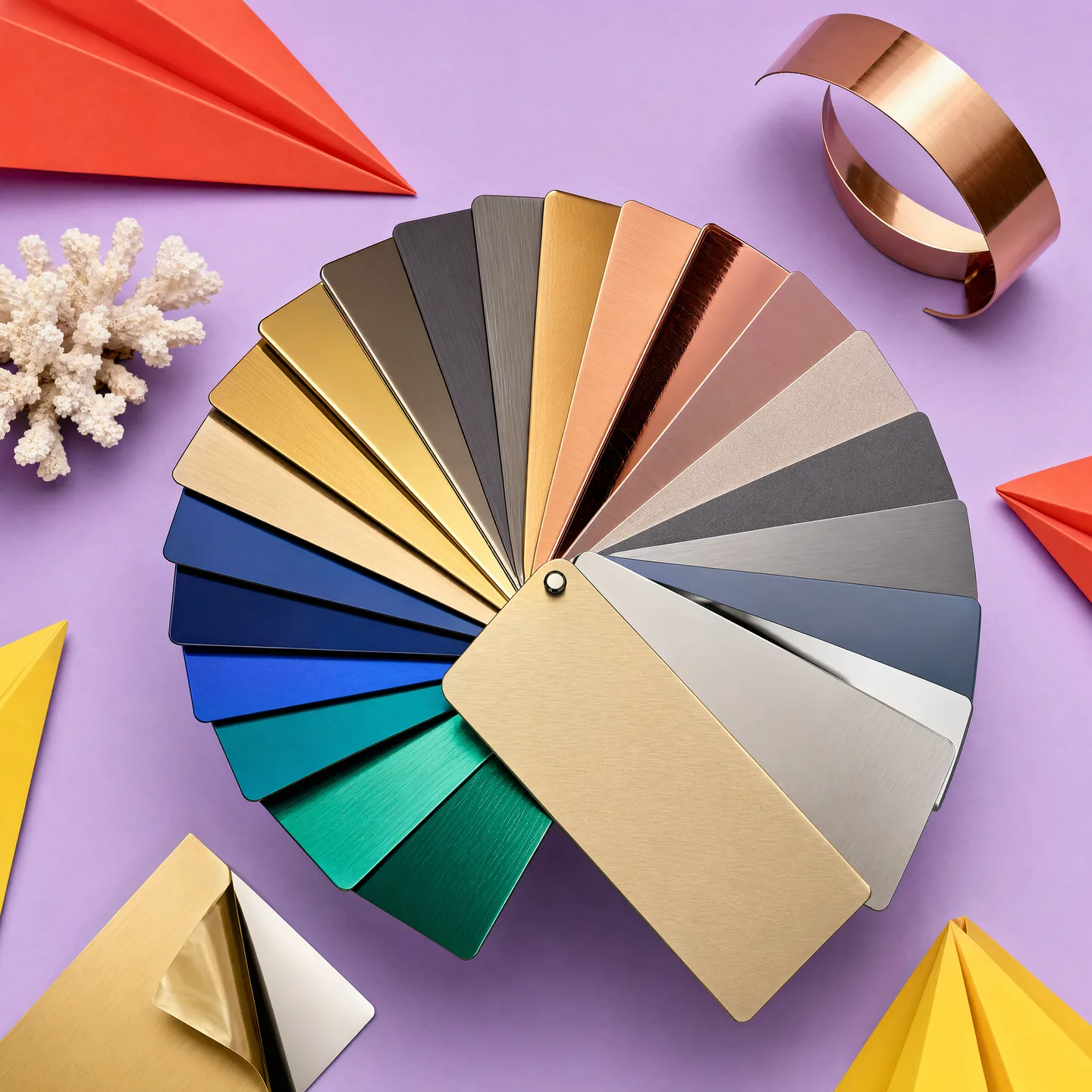 Representative physical decorative stainless sample fan across warm, cool, dark and neutral colour families