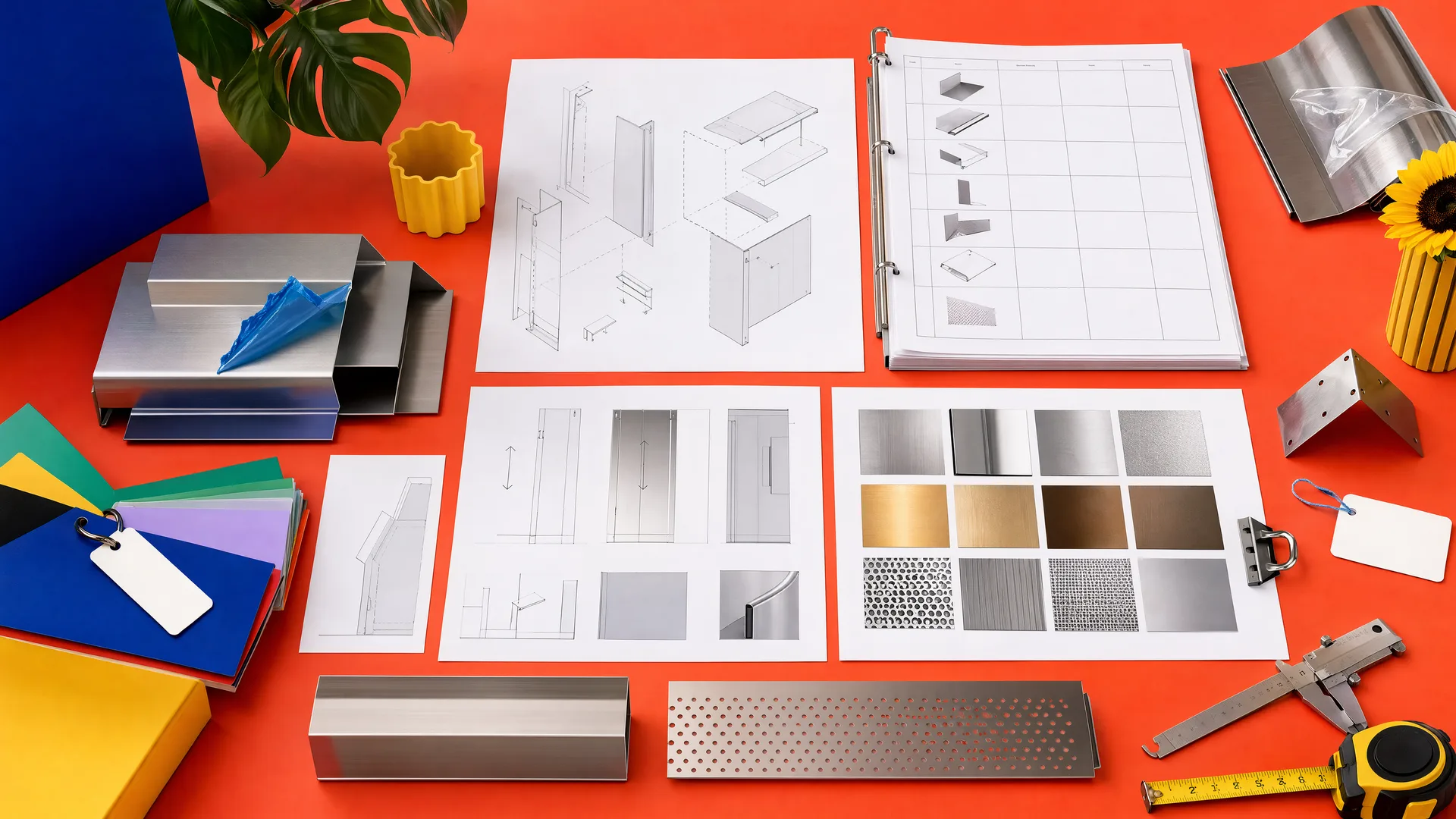 Representative project table with drawings, BOM, finish schedule, samples, grain direction and folded component