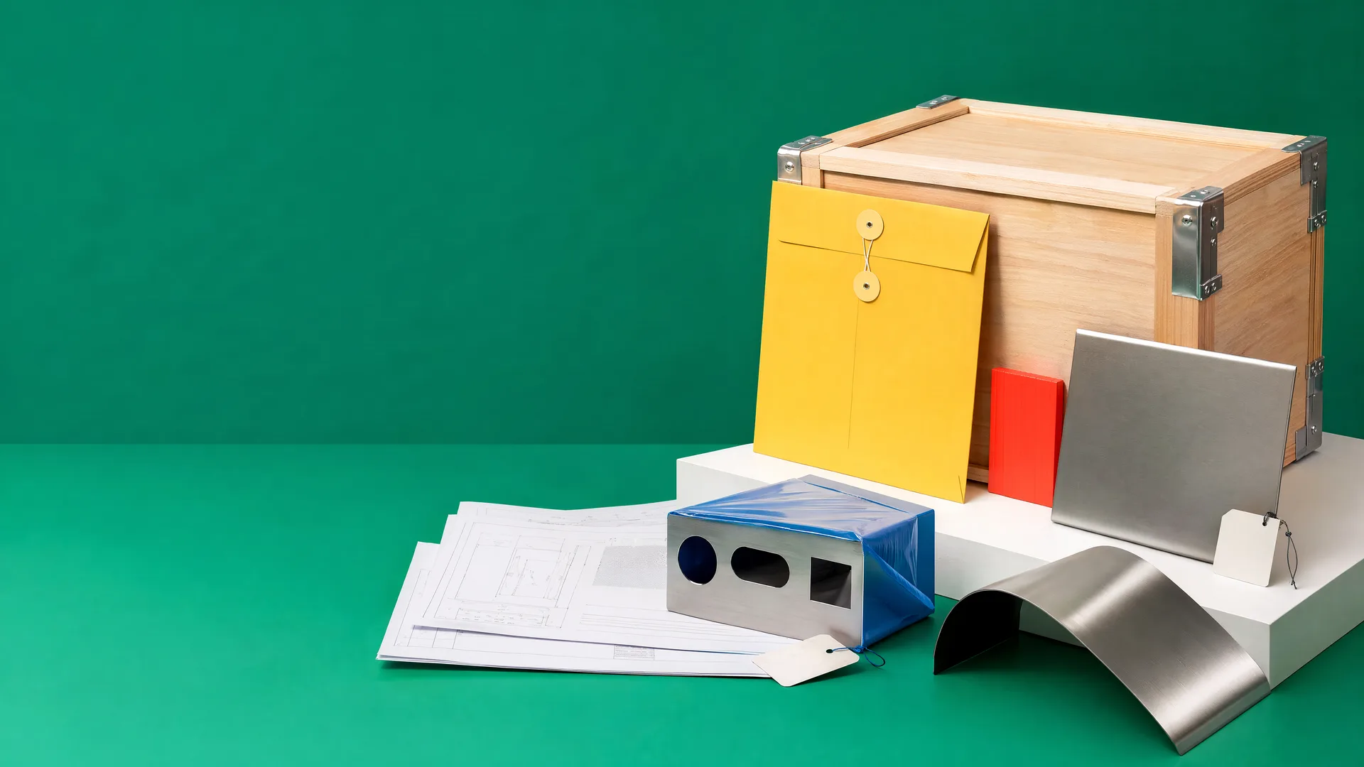 Representative completed review handoff with drawing envelope, retained sample, first article and project crate