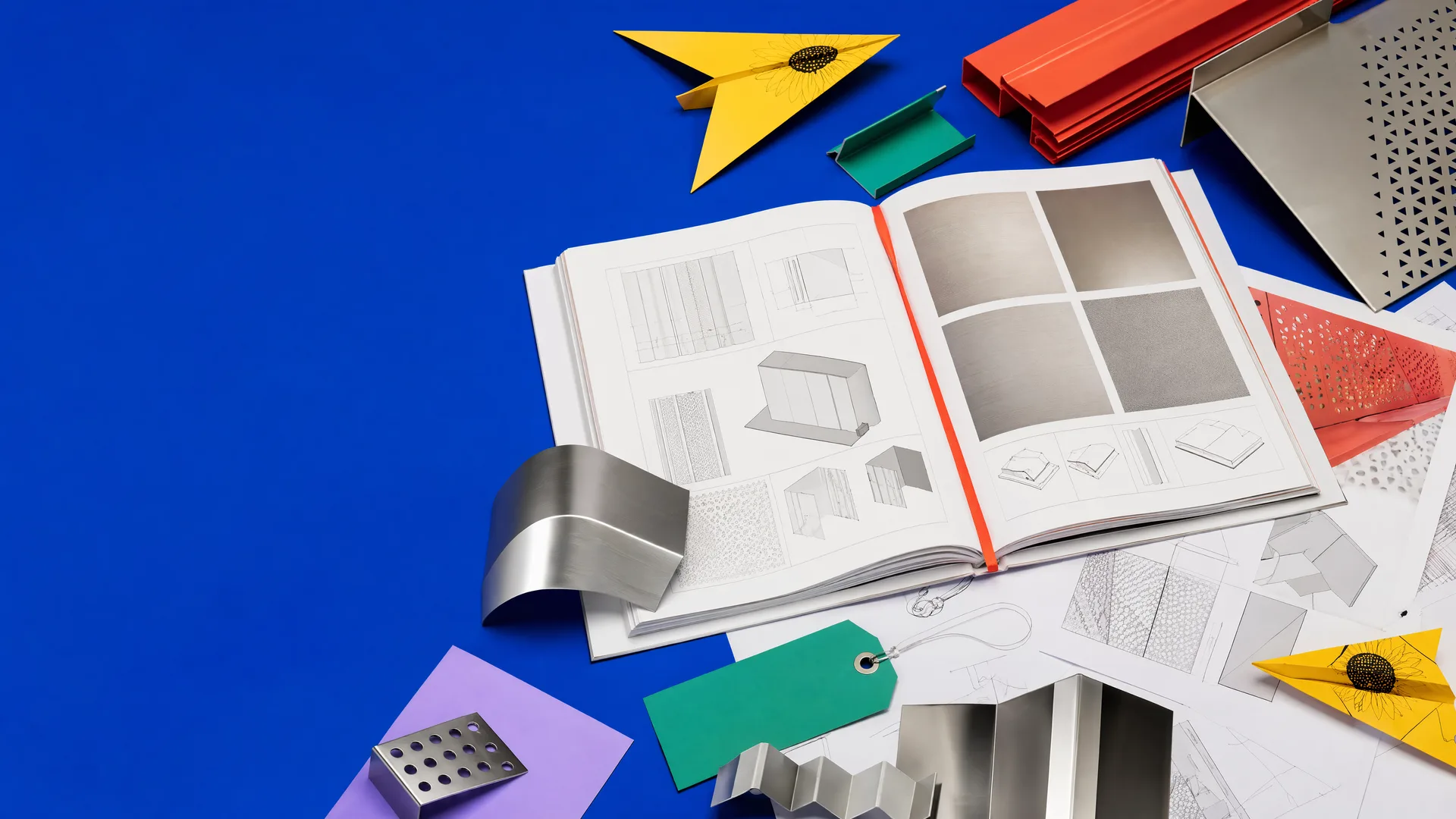 Representative open technical publication with drawings, finish samples, folded parts, grain arrows and packing notes