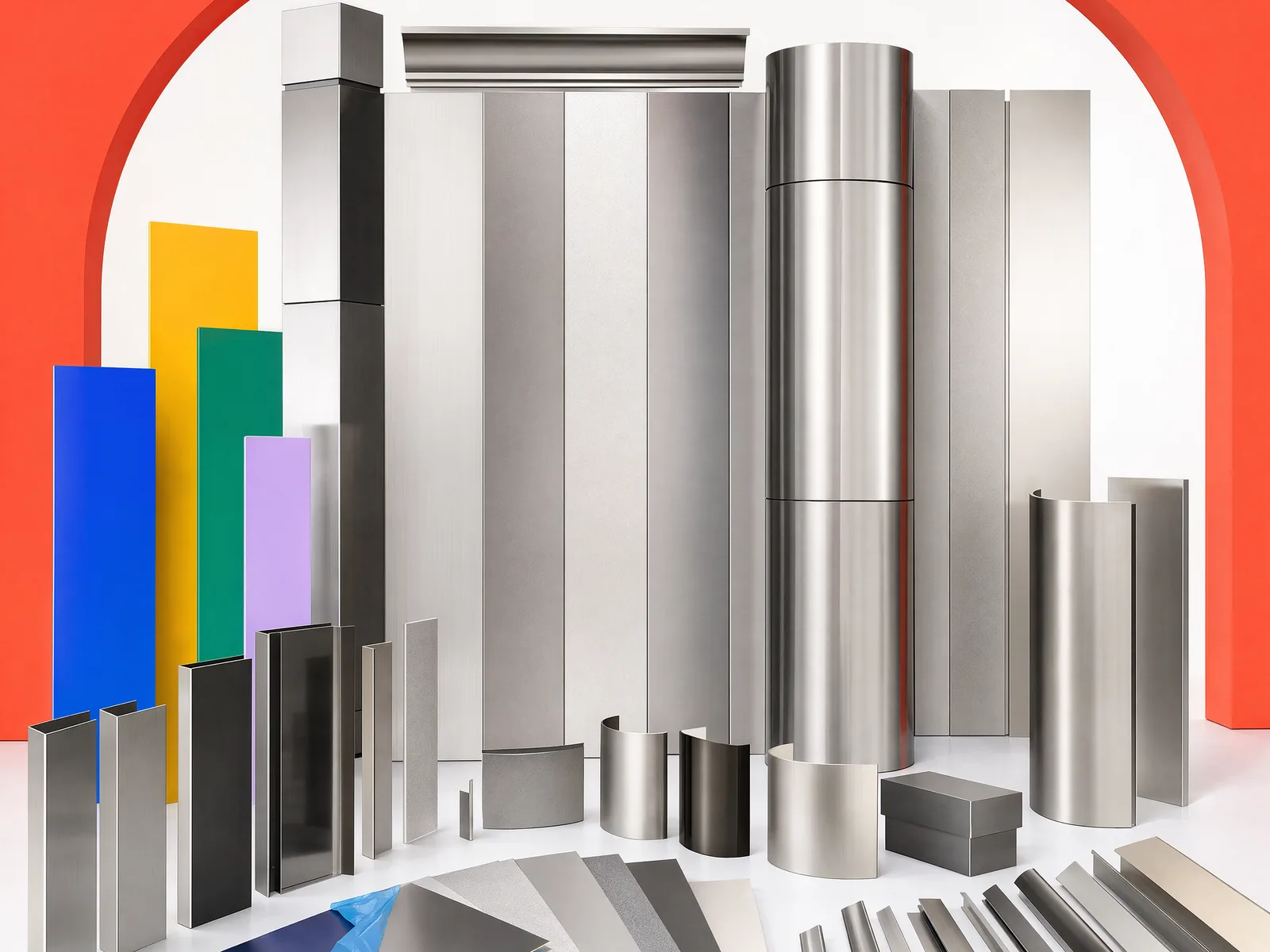 Representative wall and column component kit with flat panels, folded cassettes, wraps, skirting and trims