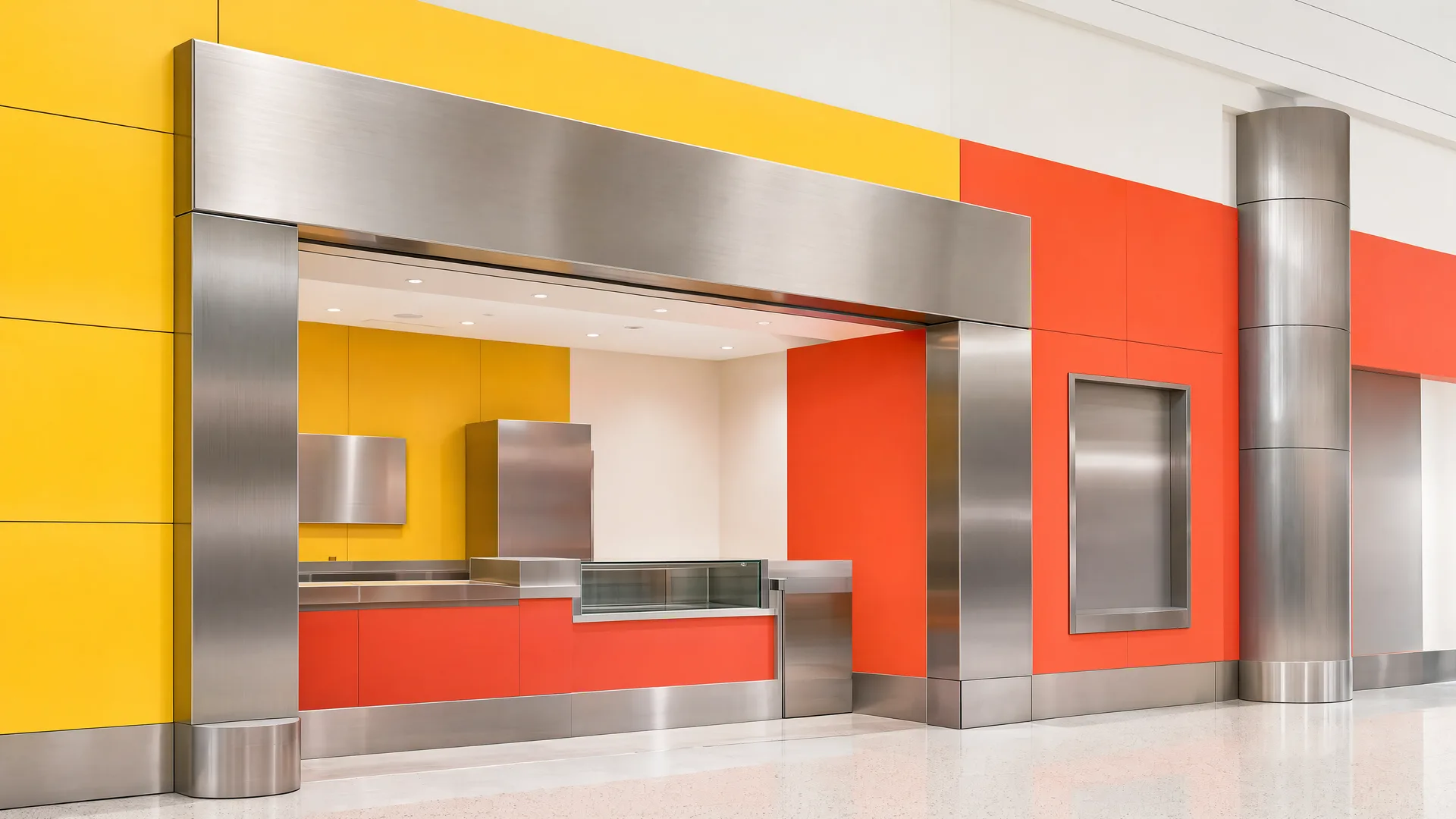 Representative mall storefront and counter package with stainless fascia, reveals, column covers and plinth skins